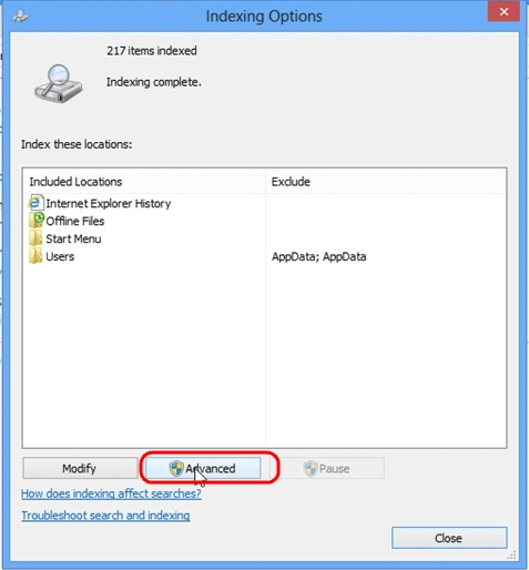 Windows 8 Indexing Options, Settings